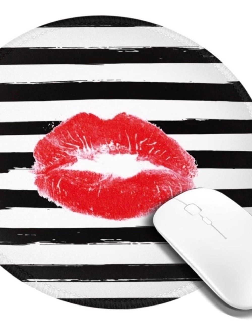 Lips Black & White Striped Round Mouse Pad